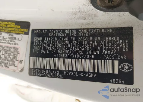 2004 Toyota Camry Xle V6 from USA, damaged, VIN 4T1BF30KX4U077026